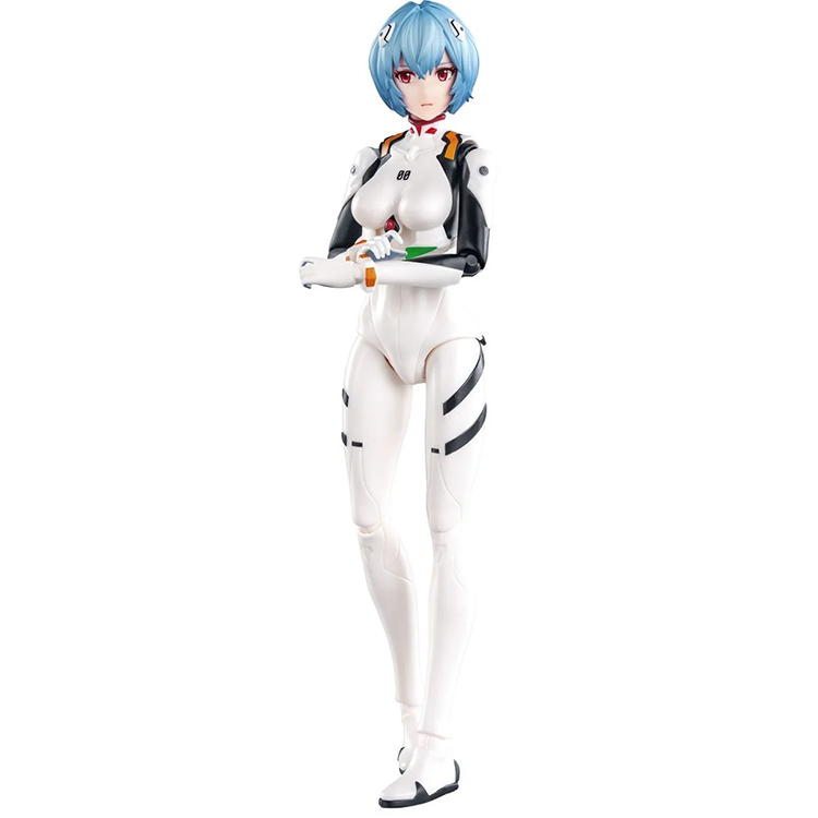 Figure of a female character with blue hair in a white futuristic bodysuit with black and orange accents