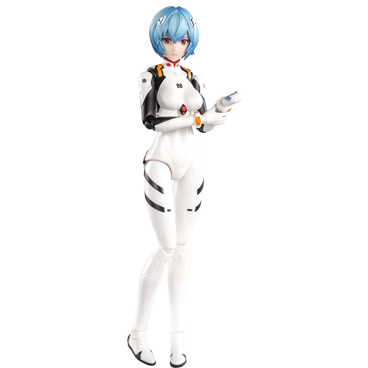Blue-haired female figure wearing a white futuristic bodysuit with black and orange accents standing on a white background