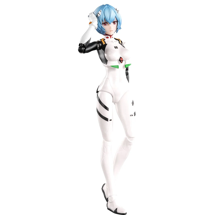 Figure of a blue-haired character in a white futuristic bodysuit with black and green accents standing on a white background.