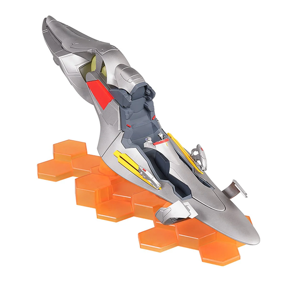 Futuristic gray and red spaceship model with angular design displayed on a translucent orange hexagonal base