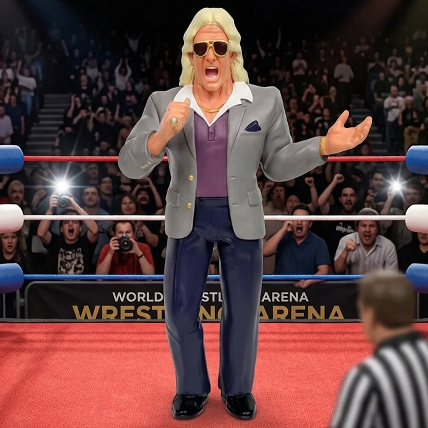 Ric Flair Suited Major Big Rubber Guys 1:9 Scale 8-Inch Posed Wrestling Figure by Major in wrestling ring setting