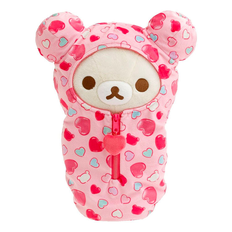 San-X Korilakkuma plush sleeping bag in pink hearts design with zipper and heart pull charm, 14.5 inches tall