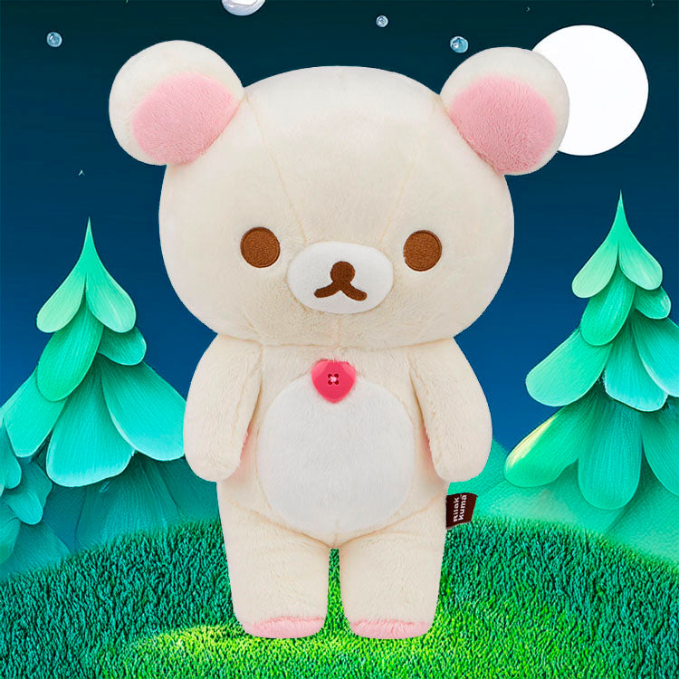 Korilakkuma plush from San-X with pink heart zipper detail standing in a nighttime forest scene with full moon.