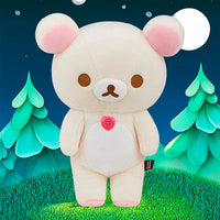 Korilakkuma plush from San-X with pink heart zipper detail standing in a nighttime forest scene with full moon.