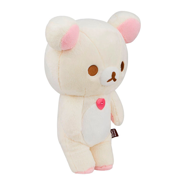 San-X Korilakkuma plush with pink heart detail from the Sleeping Bag Series, soft and adorable collectible toy