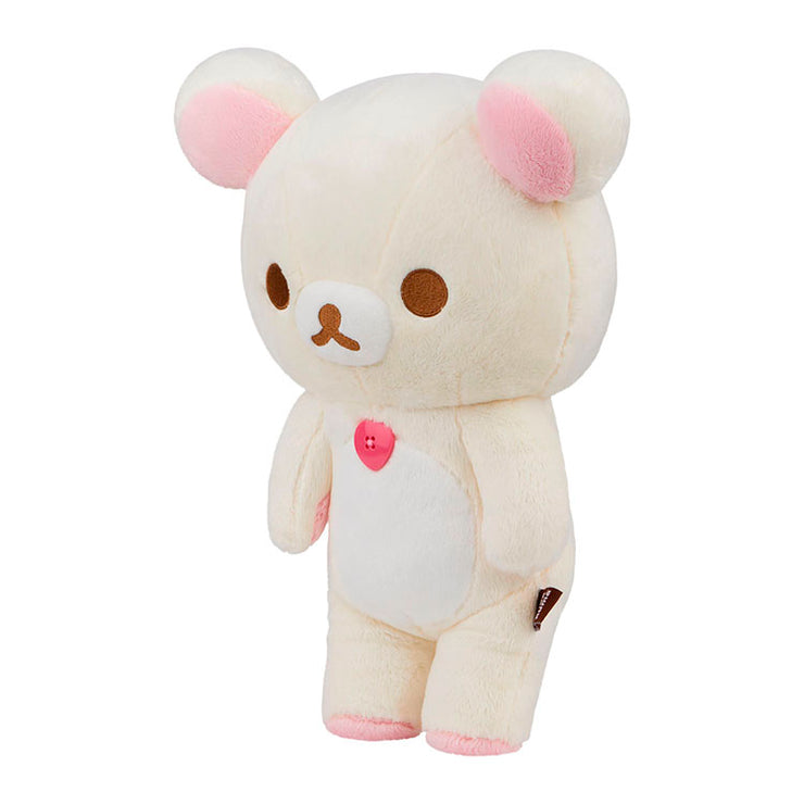 Korilakkuma plush from San-X in a pink hearts sleeping bag design measuring 14.5 inches tall with zipper closure.