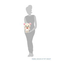San-X Korilakkuma 13.5 inch medium plush with iconic red button from Classic Series shown held by 55-inch model