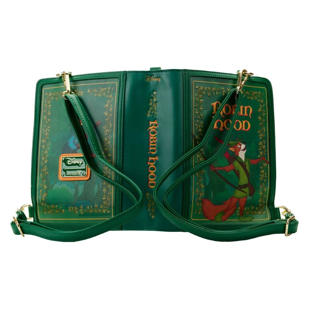 Disney Robin Hood Classic Book Convertible Crossbody Purse Loungefly green book design with character artwork