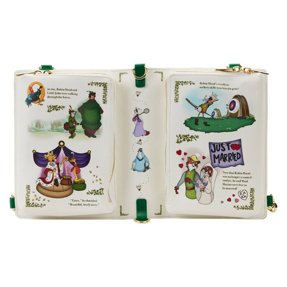 Disney Robin Hood Classic Book Convertible Crossbody Purse Loungefly open with illustrated storybook scenes