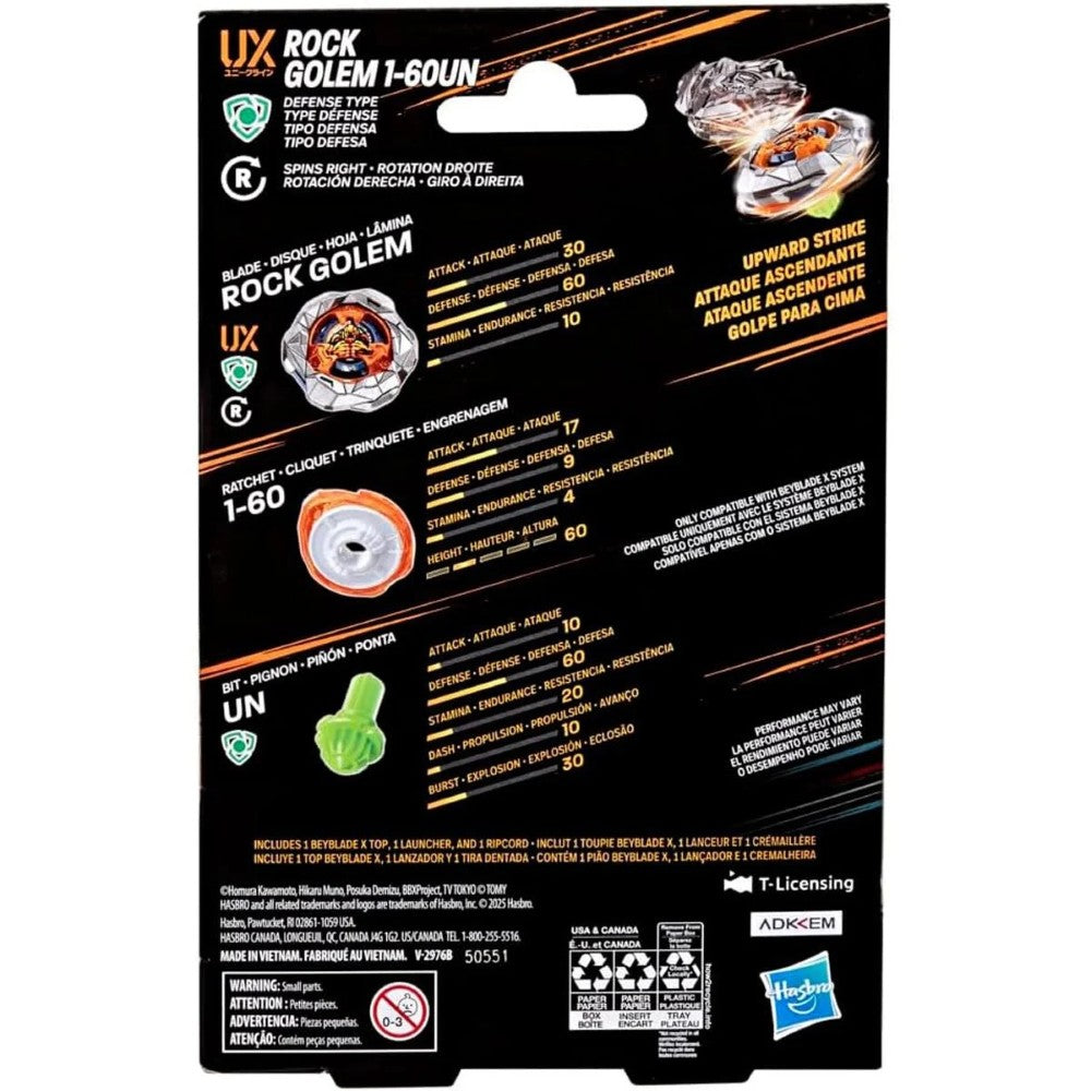 Rock Golem Beyblade X UX Starter Pack Spinning Top Toy new in box by Hasbro with detailed stats on black packaging