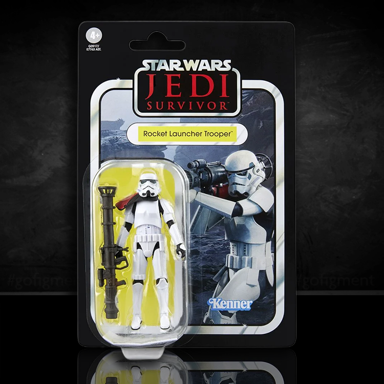 Kenner Star Wars Rocket Launcher Trooper action figure in vintage style packaging with detailed armor and weapon.