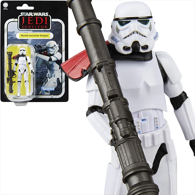 Kenner Star Wars Jedi Survivor Rocket Launcher Trooper action figure with black rocket launcher accessory packaging visible