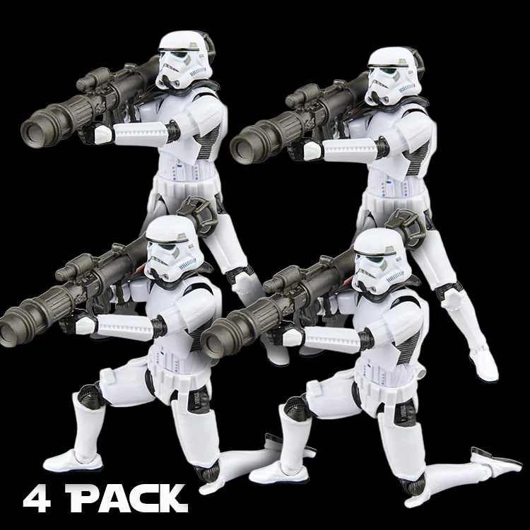 Four Kenner Imperial Rocket Trooper action figures from Star Wars Vintage Collection with rocket launchers in battle poses