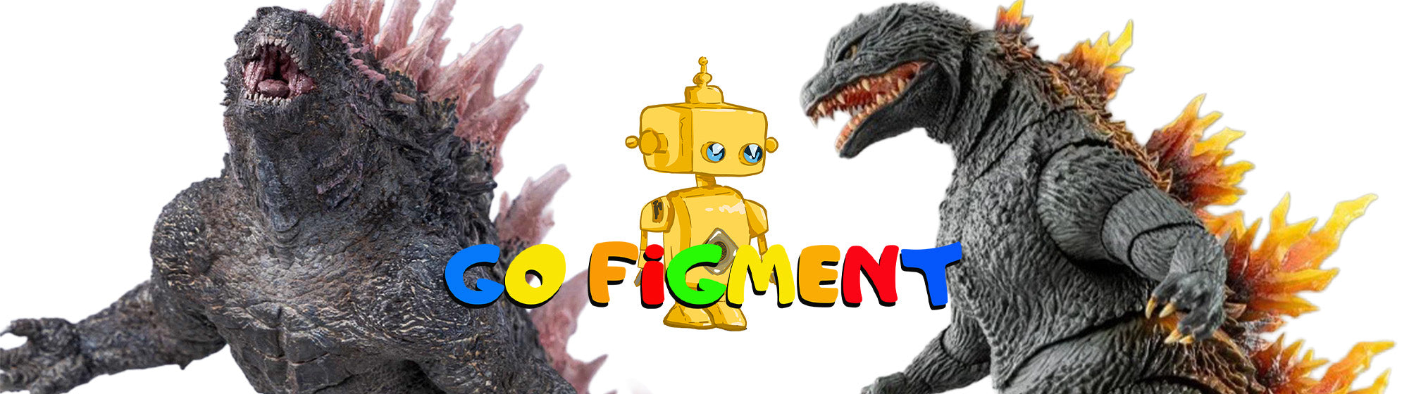 Two Godzilla-like monsters flank the colorful Go Figment logo