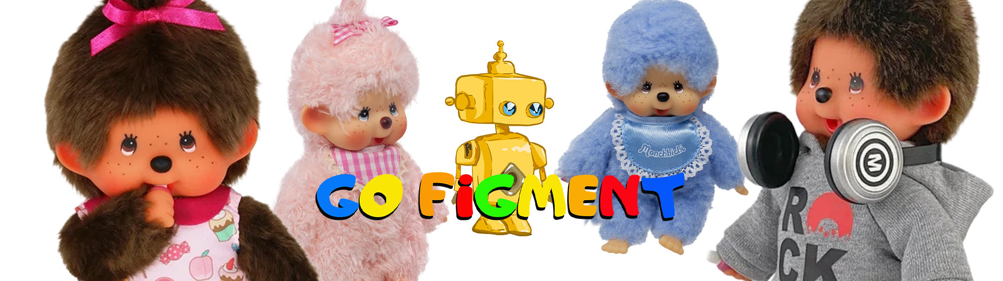 Four character dolls and a yellow robot with colorful Go Figment text