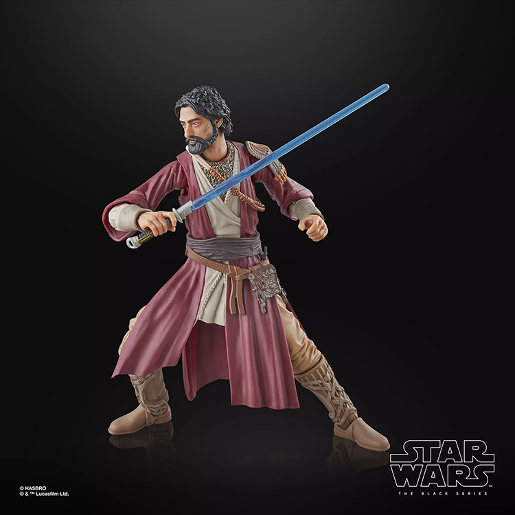 Hasbro Star Wars Black Series 6-inch Ezra Bridger Peridea action figure posed with blue lightsaber on black background