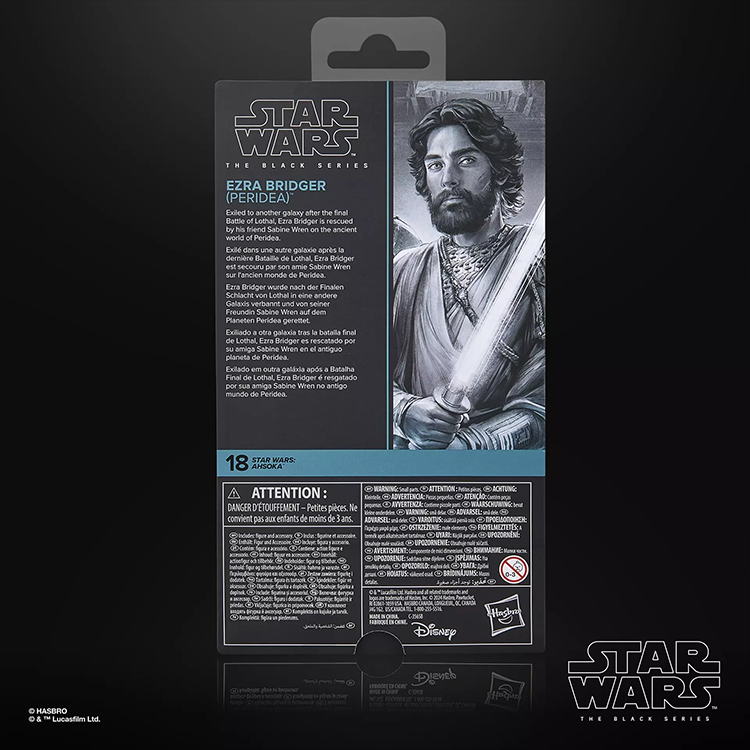 Back packaging of Hasbro Star Wars Black Series Ezra Bridger Peridea 6-inch action figure with character art and descriptions.