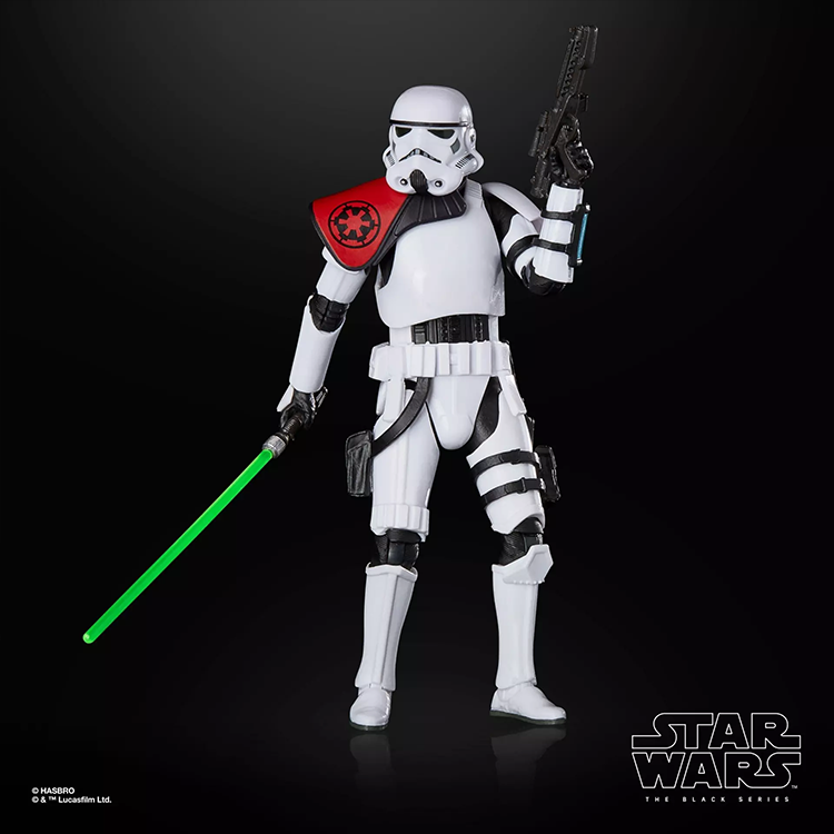 Star Wars The Black Series Sergeant Kreel action figure holding green lightsaber and blaster on black background