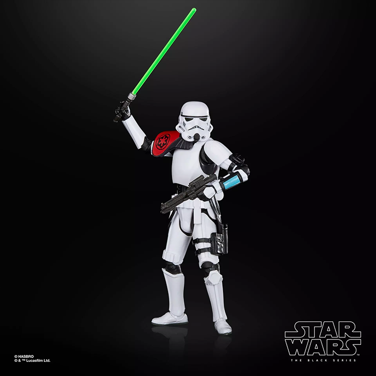 Star Wars The Black Series Sergeant Kreel action figure wielding green lightsaber and blaster rifle on black background