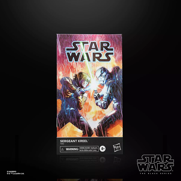 Star Wars The Black Series Sergeant Kreel action figure packaging with comic-style artwork and Hasbro branding.