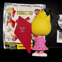 Back view of Sally Brown keychain wearing pink dress and striped socks holding red kite from Peanuts Series 3 by Monogram