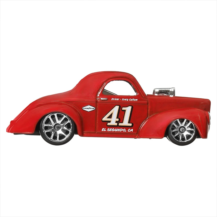 Mattel Hot Wheels 1:64 scale vintage 1941 Willys racing car in red with detailed gasser styling and number 41 decals