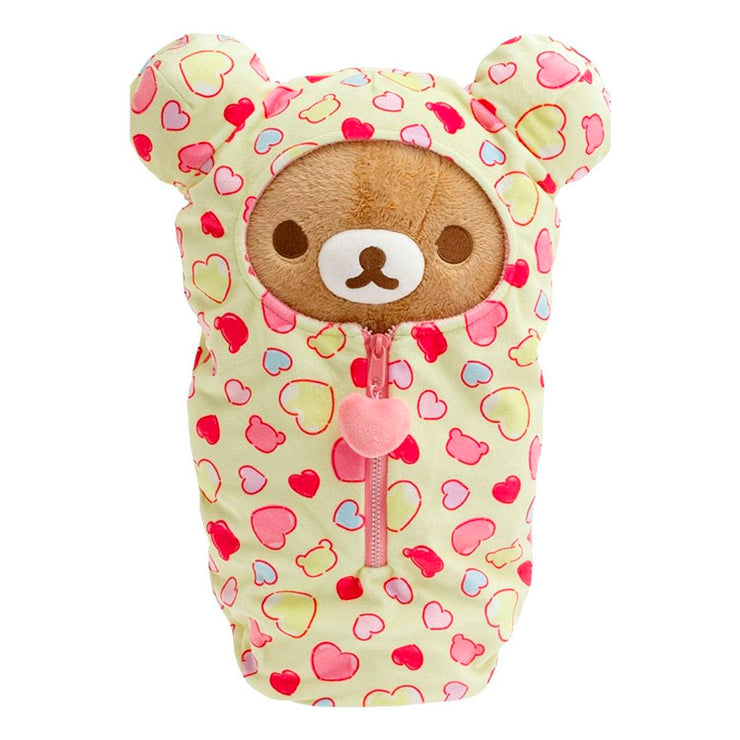 San-X Rilakkuma plush sleeping bag with yellow and pink heart design and front zipper pouch cozy for kids