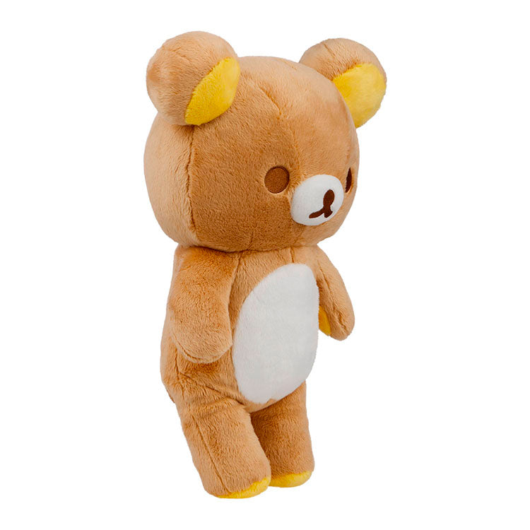 San-X Rilakkuma plush bear from the Sleeping Bag Series in yellow heart design with zipper, 14.5 inches tall.