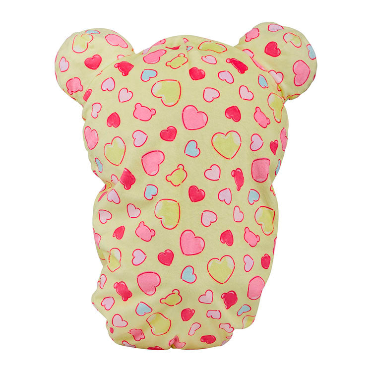 Yellow heart-patterned Rilakkuma sleeping bag plush with ears, San-X original cozy design and zipper closure.
