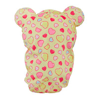 Yellow heart-patterned Rilakkuma sleeping bag plush with ears, San-X original cozy design and zipper closure.