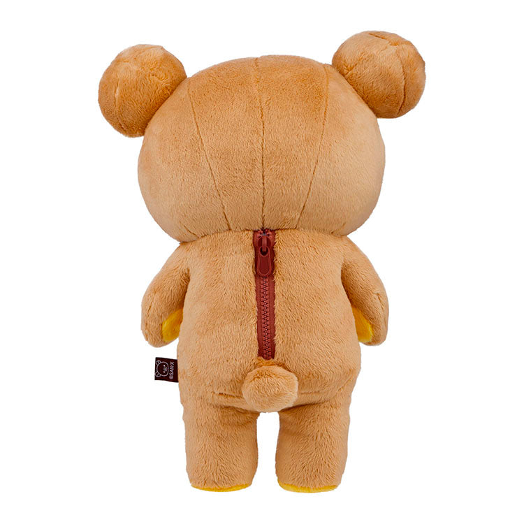 Back view of San-X Rilakkuma plush sleeping bag with yellow heart design and central zipper detail