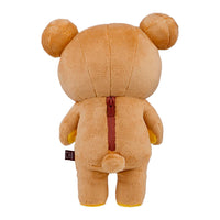 Back view of San-X Rilakkuma plush sleeping bag with yellow heart design and central zipper detail