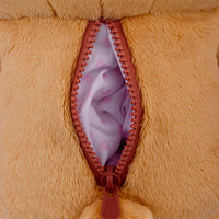 Close-up of San-X Rilakkuma yellow heart design sleeping bag zipper and soft plush fabric interior lining