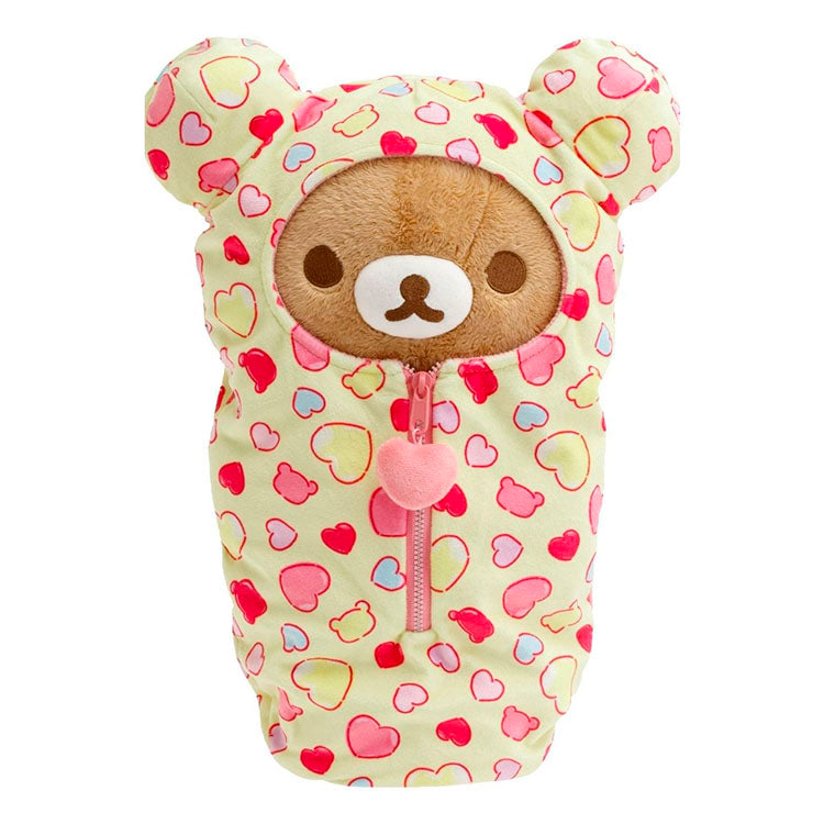 San-X Rilakkuma plush sleeping bag with yellow hearts and zipper, cozy and cute design measuring 14.5 inches tall