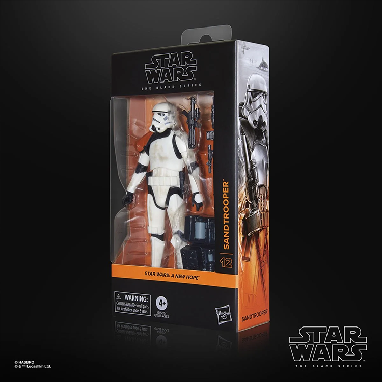 Hasbro Star Wars Black Series Sandtrooper 6-inch action figure in window box packaging against black background