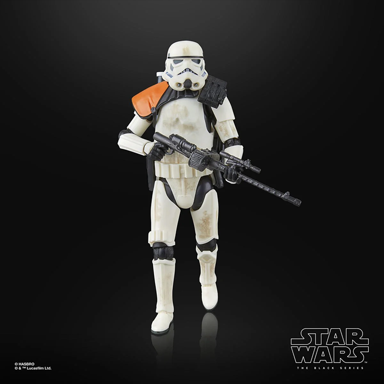 Hasbro Star Wars Black Series 6-inch Sandtrooper action figure with detailed armor and blaster rifle on black background