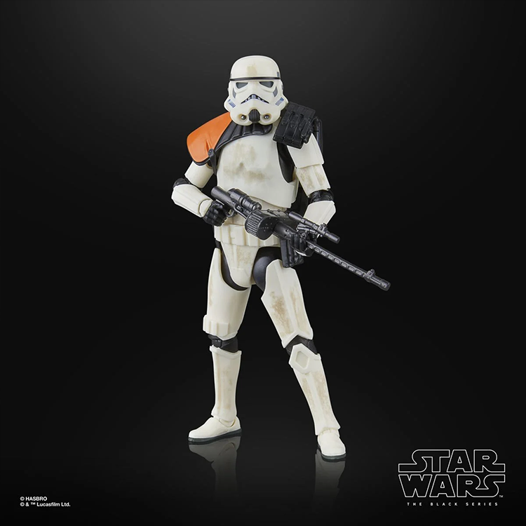 Hasbro Star Wars Black Series 6-inch Sandtrooper action figure with detailed armor and weapon on black background.