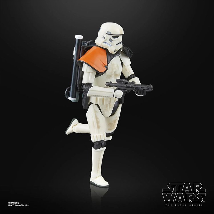 Hasbro Star Wars Black Series 6-inch Sandtrooper action figure posed with blaster and backpack gear