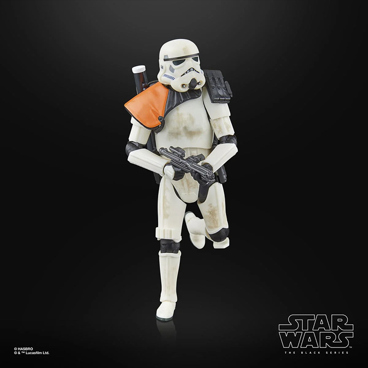 Star Wars Black Series Sandtrooper action figure by Hasbro in desert armor holding blaster weapon on black background
