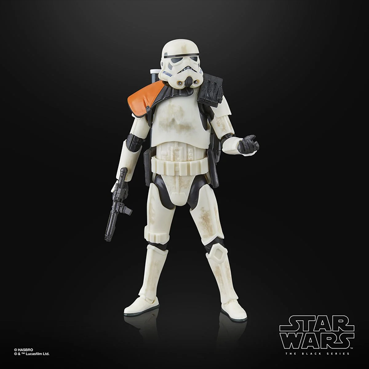 Hasbro Star Wars Black Series 6-inch Sandtrooper action figure with weathered armor and blaster rifle