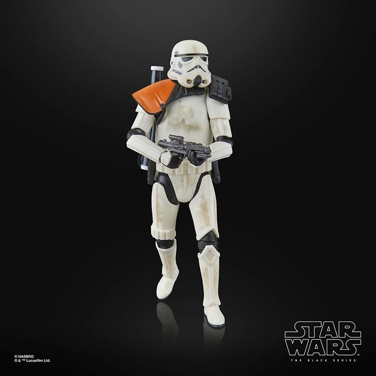 Hasbro Star Wars Black Series 6-inch Sandtrooper action figure with weathered armor and blaster rifle