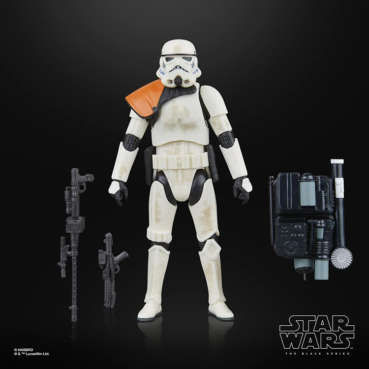 Hasbro Star Wars Black Series Sandtrooper action figure with detailed armor and accessories on black background