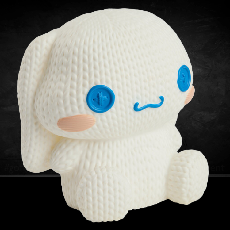 Handmade by Robots Cinnamoroll vinyl figure with blue button eyes and knit texture design on black background