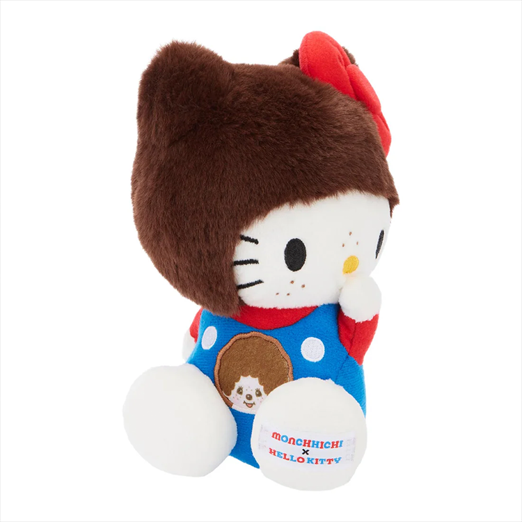 Hello Kitty plush wearing a Monchhichi hood and blue overalls from Sekiguchi limited edition bundle