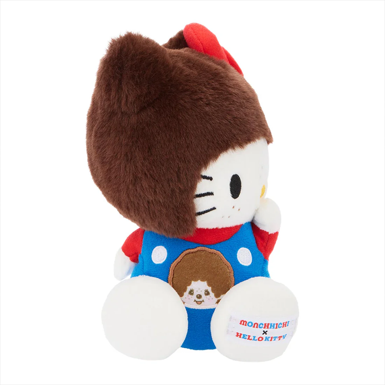 Hello Kitty plush dressed as Monchhichi in overalls with red bow, made by Sekiguchi, limited edition 7.8 inch toy