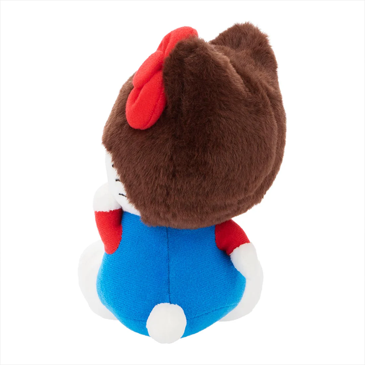 Back view of Hello Kitty dressed as Monchhichi wearing overalls with fuzzy monkey hood by Sekiguchi Plush