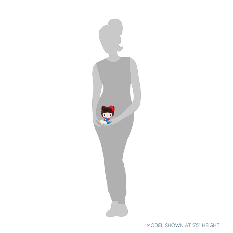 Limited edition Sekiguchi Hello Kitty as Monchhichi plush showing size held by a 5'5" model