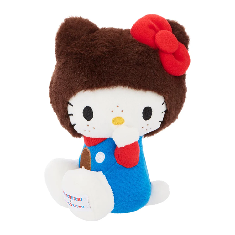 Hello Kitty dressed as Monchhichi in overalls plush by Sekiguchi, 7.8-inch limited edition collectible toy