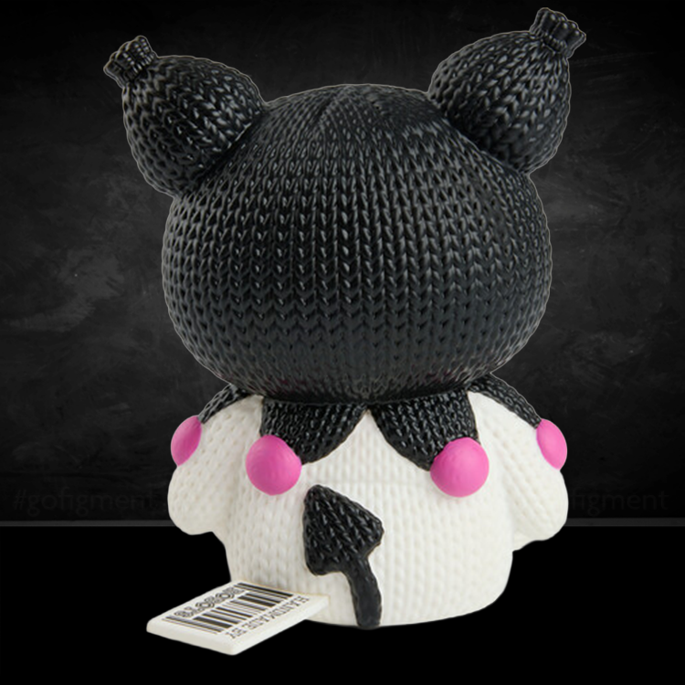 Back view of Handmade by Robots Kuromi vinyl figure with black knit texture and white outfit with pink accents