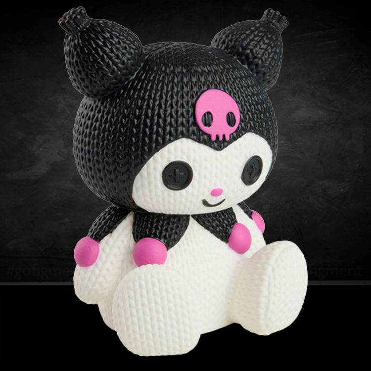 Handmade by Robots Kuromi vinyl figure styled to look like a knitted Sanrio collectible with black and pink details.